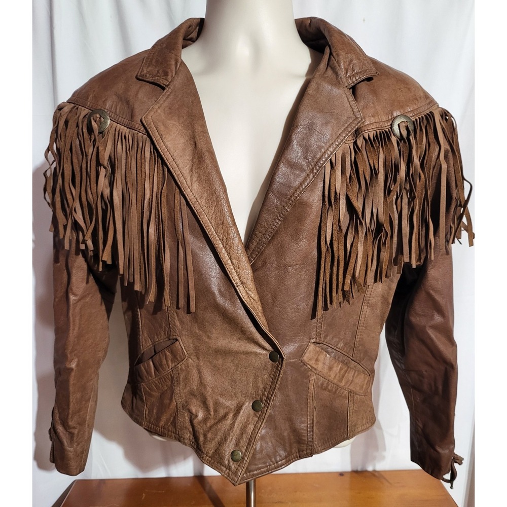 Vtg 80s Womens Paris Sport Club Leather Fringe Jacket M Western Cowgirl Brown